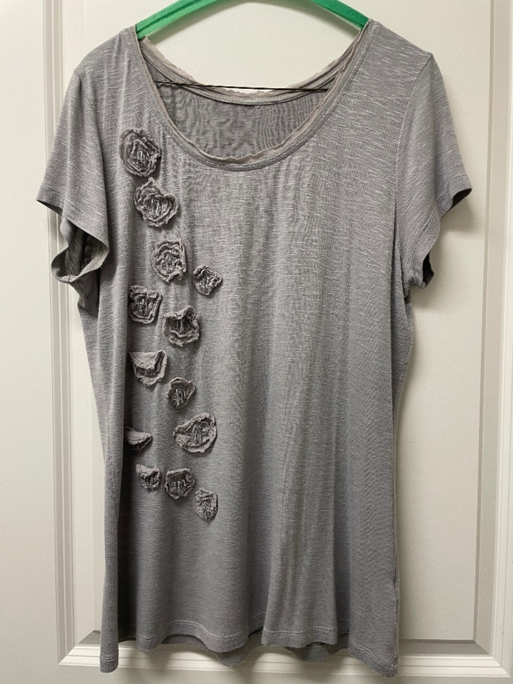 3D Flowers Beaded Womens Top Tee Shirt Silver Gray-Dressy Short Sleeve Medium